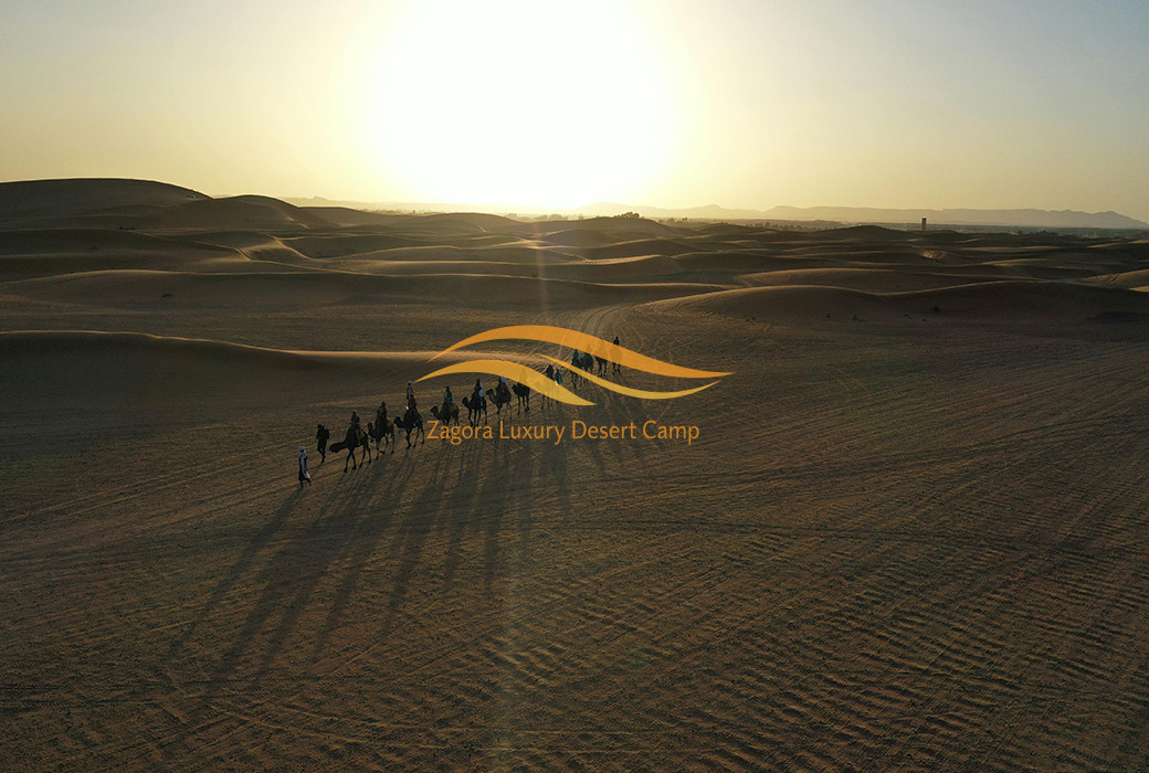 Group enjoying a camel ride in Zagora desert, Morocco during a Sahara tour