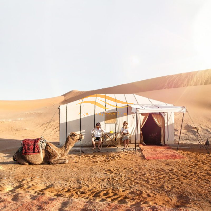 Couple enjoying a desert camp stay with camels on a 2-day private desert tour from Marrakech to Erg Lihoudi
